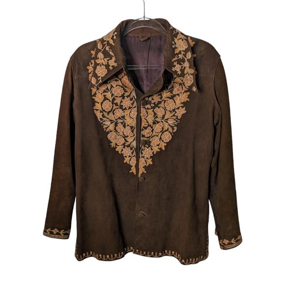 Vintage 70's Women's Suede Jacket Floral Embroidered Pointed Collar - Picture 1 of 11